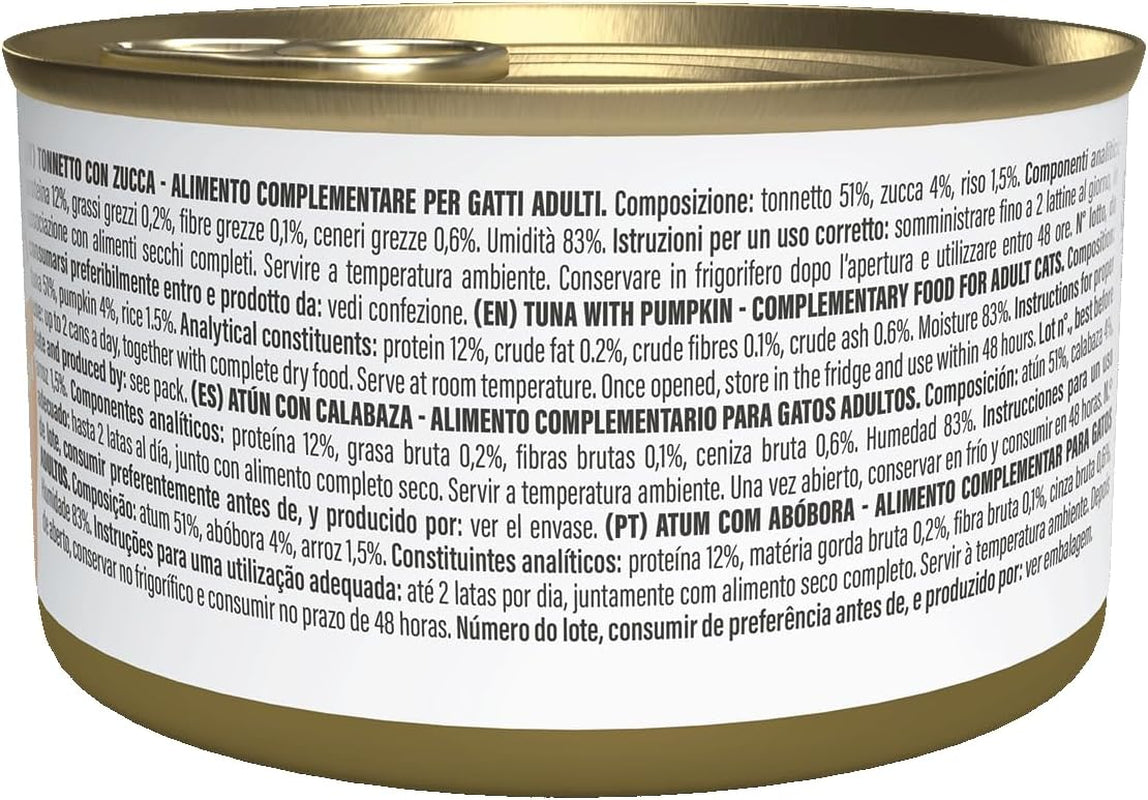 Thunfisch mit Kürbis in Brühe, Ergänzungsnassfutter für Katzen, Originalrezept, 100 % natürlich, 12 Dosen à 70 g