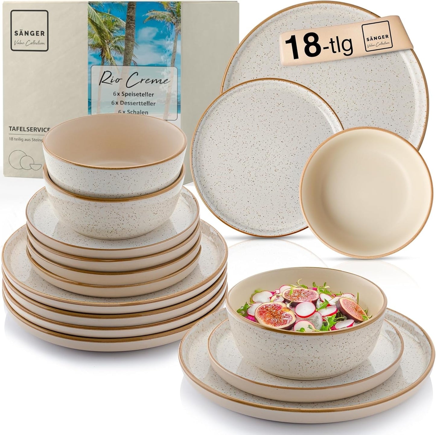 SÄNGER Rio Creme | 18-teiliges Steingut-Geschirrset für 6 Personen, bestehend aus 6 Speisetellern, 6 Desserttellern und 6 Schüsseln | DIE VALUE-KOLLEKTION