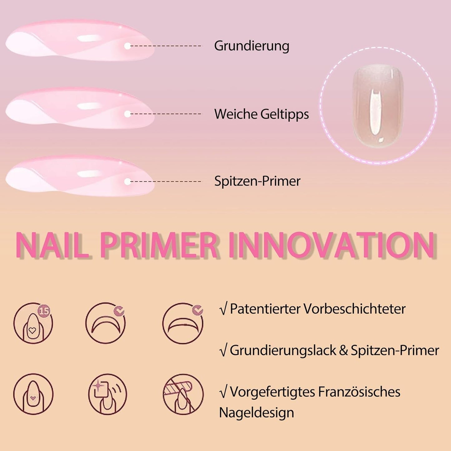 Set mit künstlichen Nägeln – 240 Stück, kurze, quadratische Nägel, weiches Gel, Modell Nude, weißer Farbverlauf, künstlicher natürlicher Kleber auf künstlichen Nägeln für Frauen, DIY (nackter Farbverlauf, 240 x)