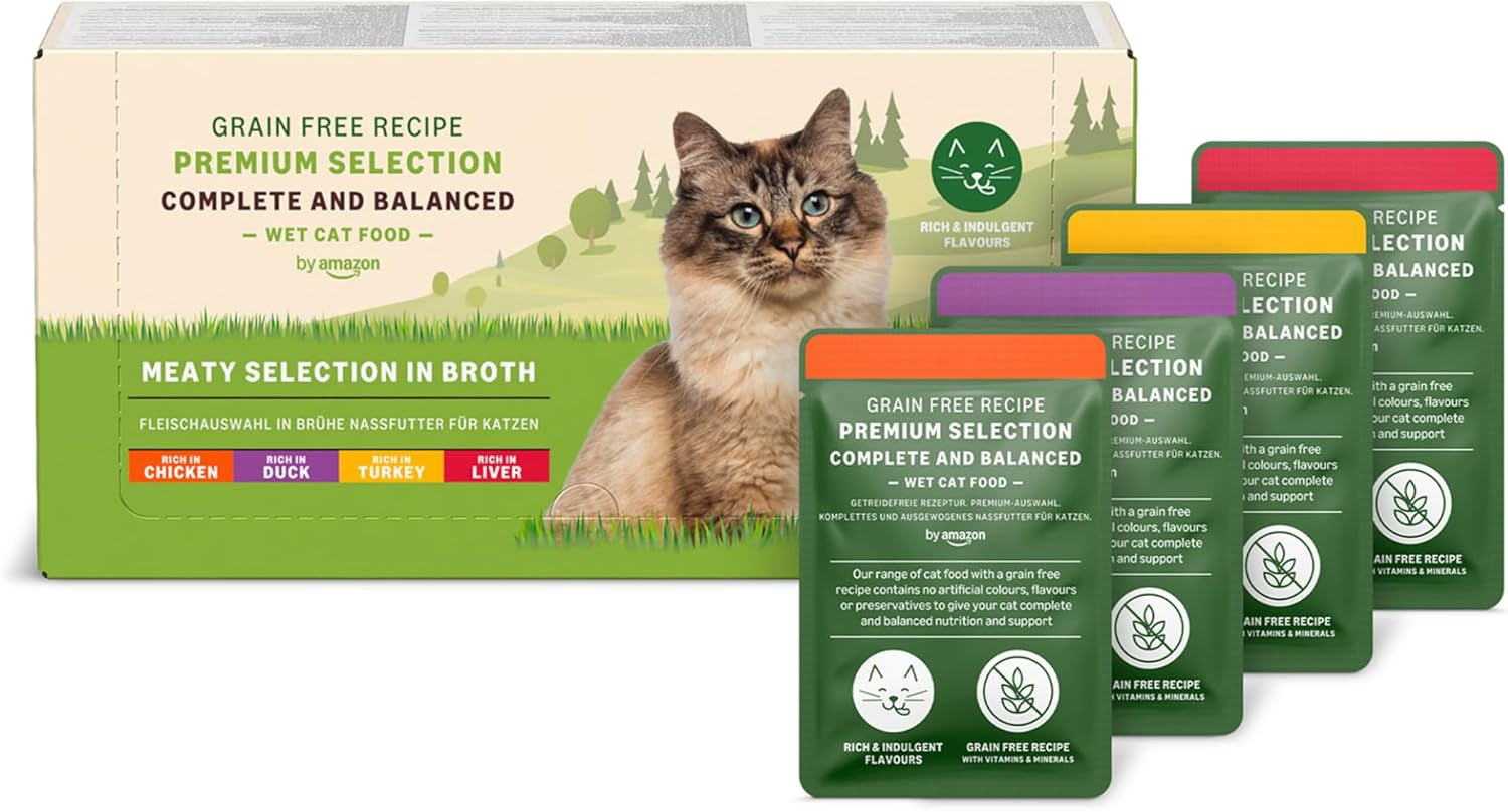 Getreidefreies Nassfutter für Katzen von Amazon für ausgewachsene Katzen, Fleischauswahl in Brühe, 4,76 kg, 56 Packungen à 85 g (ehemals lebenslang)