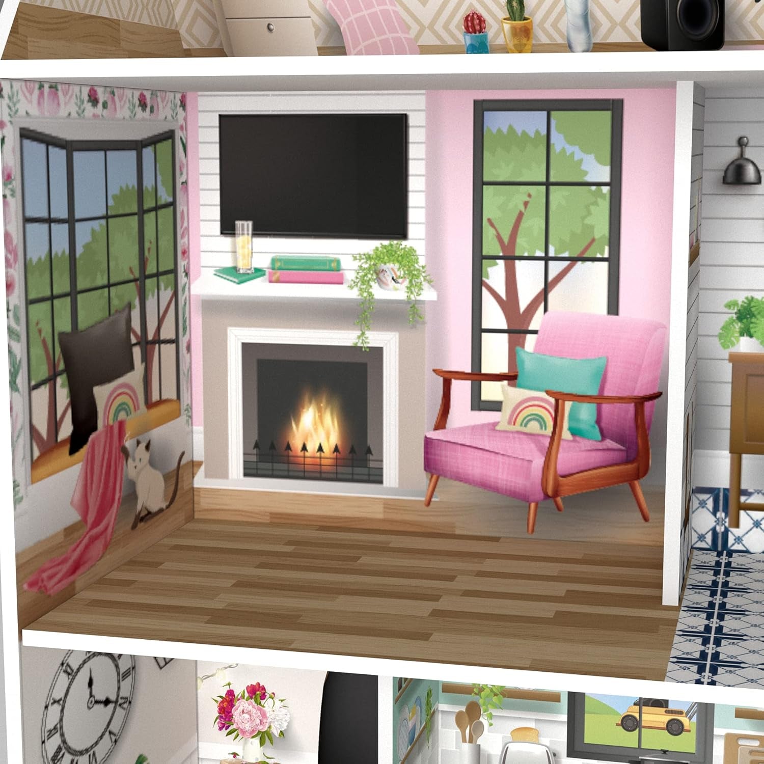Olivia's Little World Dreamland 3-stöckiges interaktives Puppenhaus aus Holz mit 13 Puppenmöbelzubehör, weiß TD-13632A