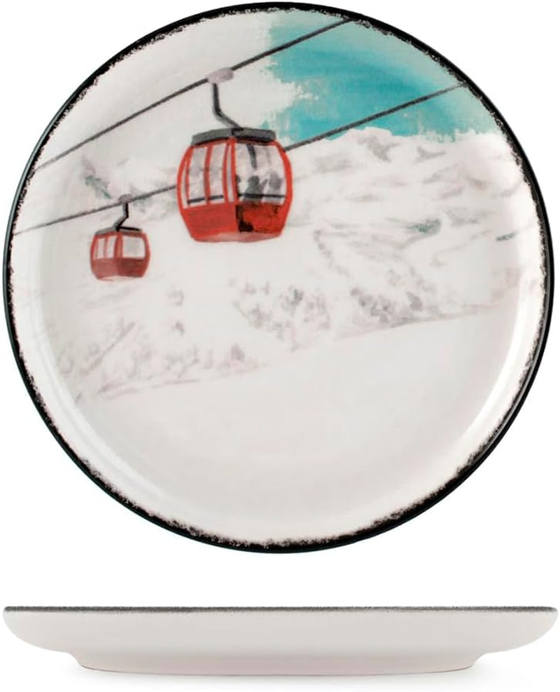 Winter Escape 12-teiliges Weihnachtsgeschirr-Set aus Steinzeug – nordisches Winter-Skifahrer-Design – spülmaschinen- und mikrowellenfest