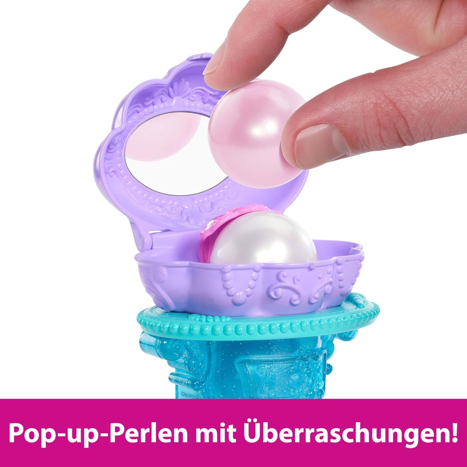 Mattel Disney Princess Toys, Meerjungfrau-Arielle-Modepuppe mit abnehmbarer Schwanzflosse, Schminktisch mit 5 wiederholbaren Pop-Up-Überraschungen und 5 Zubehörteilen, JBF86
