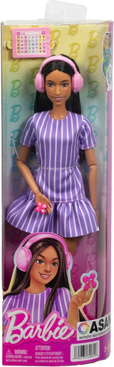 Barbie Fashionistas Puppe Nr. 245, autistische Puppe mit lila gestreiftem Kleid und Accessoires wie Fidget Spinner, Tablet und Kopfhörer, JJN58