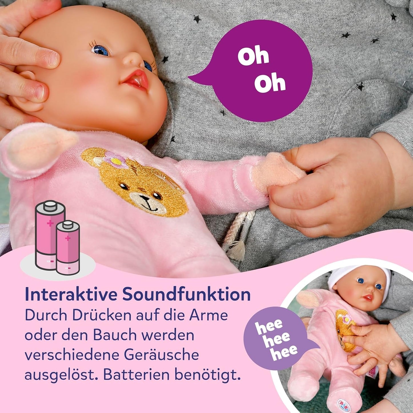 Baby Born Rosie Kuschelpuppe 30 cm mit 6 Geräuschen und Flasche, rosa