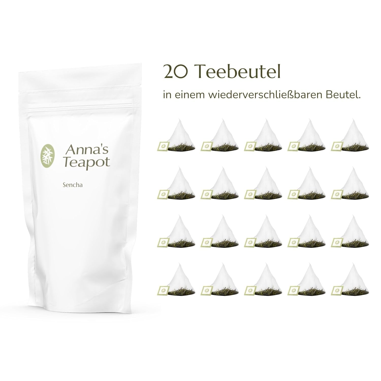 Anna'S Teekanne Sencha Bio-Grüntee-Beutel – Japanischer Bio-Grüntee 20 Pyramidenbeutel in einem wiederverschließbaren Beutel