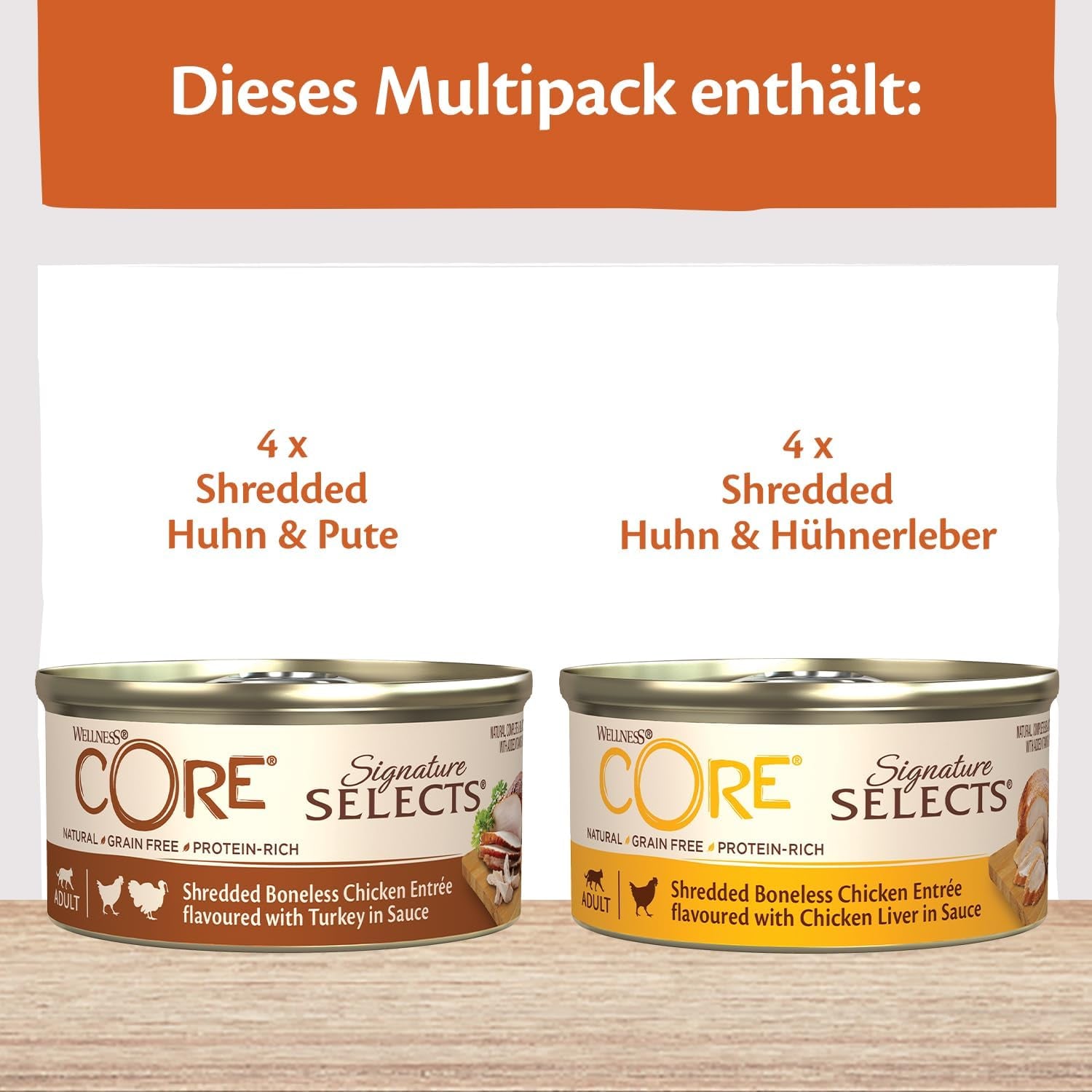 Wellness CORE Signature Selects 8 x 79 g, Hühner- und Truthahnmischung – Nassfutter für Katzen, köstliche Streifen in Soße, getreidefrei, natürlich, hypoallergen, proteinreich, reich an Fleisch