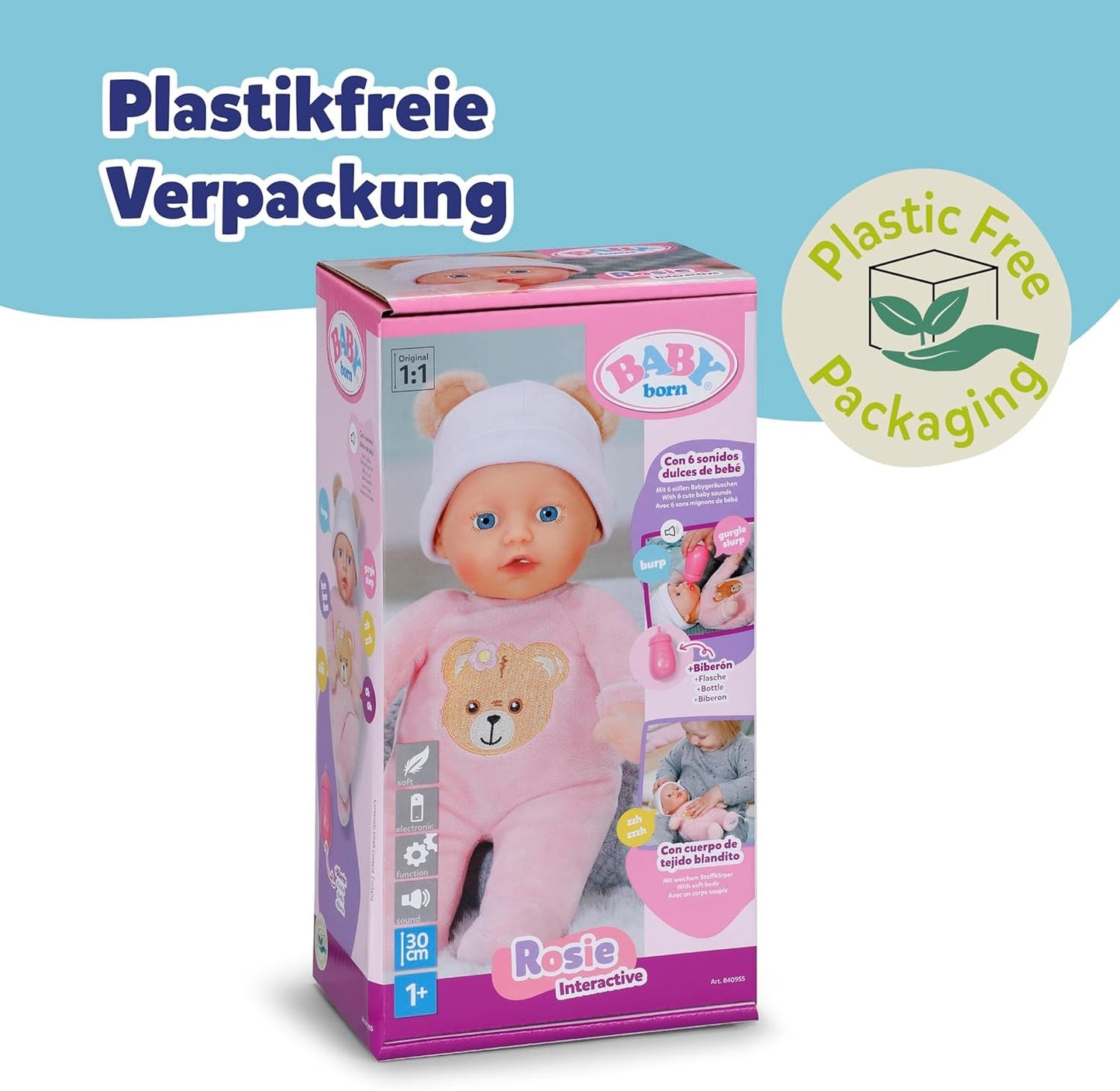 Baby Born Rosie Kuschelpuppe 30 cm mit 6 Geräuschen und Flasche, rosa