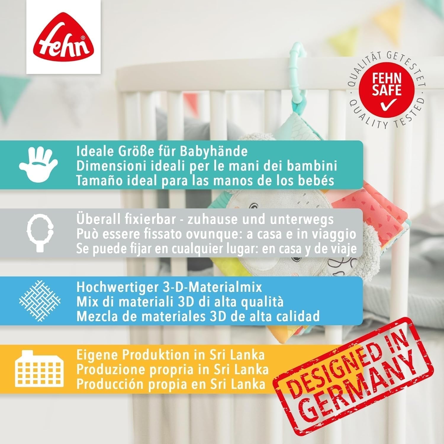 Fehn Soft-Bilderbuch Bruno – Softbuch für Babys aus Stoff mit Tiermotiven – Spielzeugbuch aus Stoff zum Aufhängen für Kinderwagen und Autositze – Buch mit Böllern für Babys und Kinder ab 0+ Monaten Babyspielzeug Naty Shop