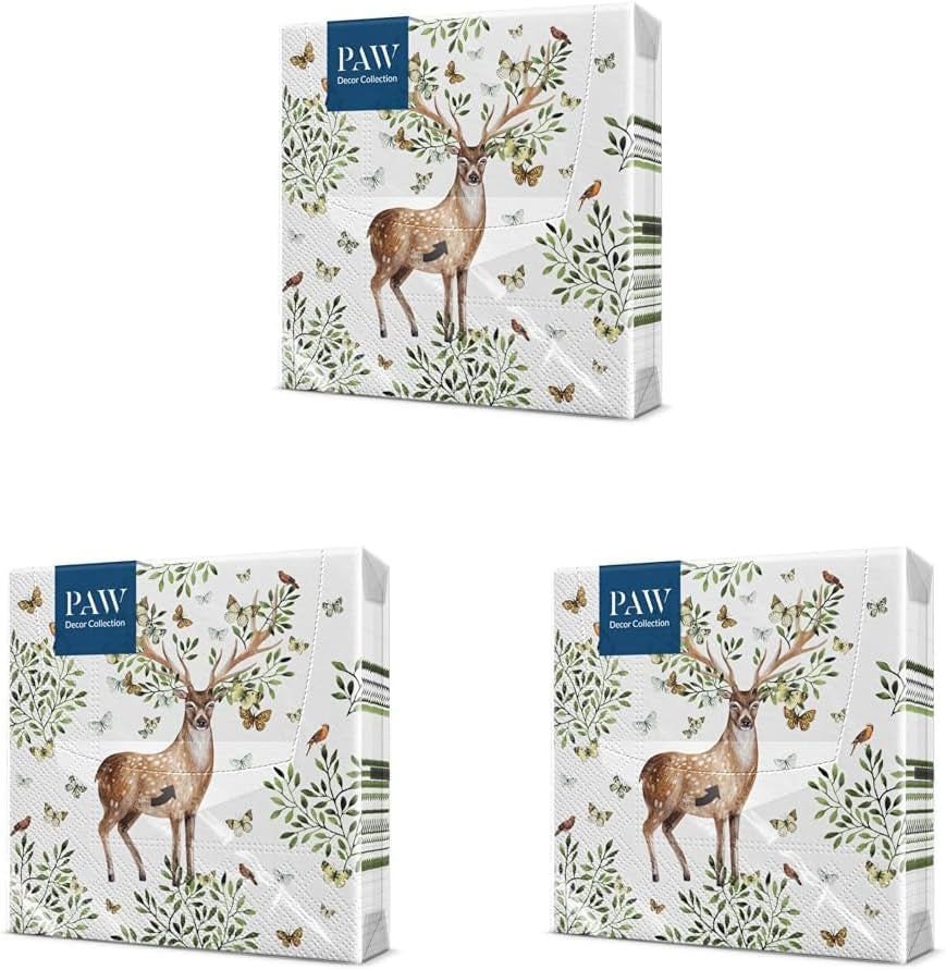 PAW – 3-lagige Servietten (33 x 33 cm) I 20 Stück I Perfekt für Kindergeburtstage, Partys, Kommunionen und Feiertage I Bunte Papierservietten mit Partymotiv I Tiere, Freude, Party – Geweih