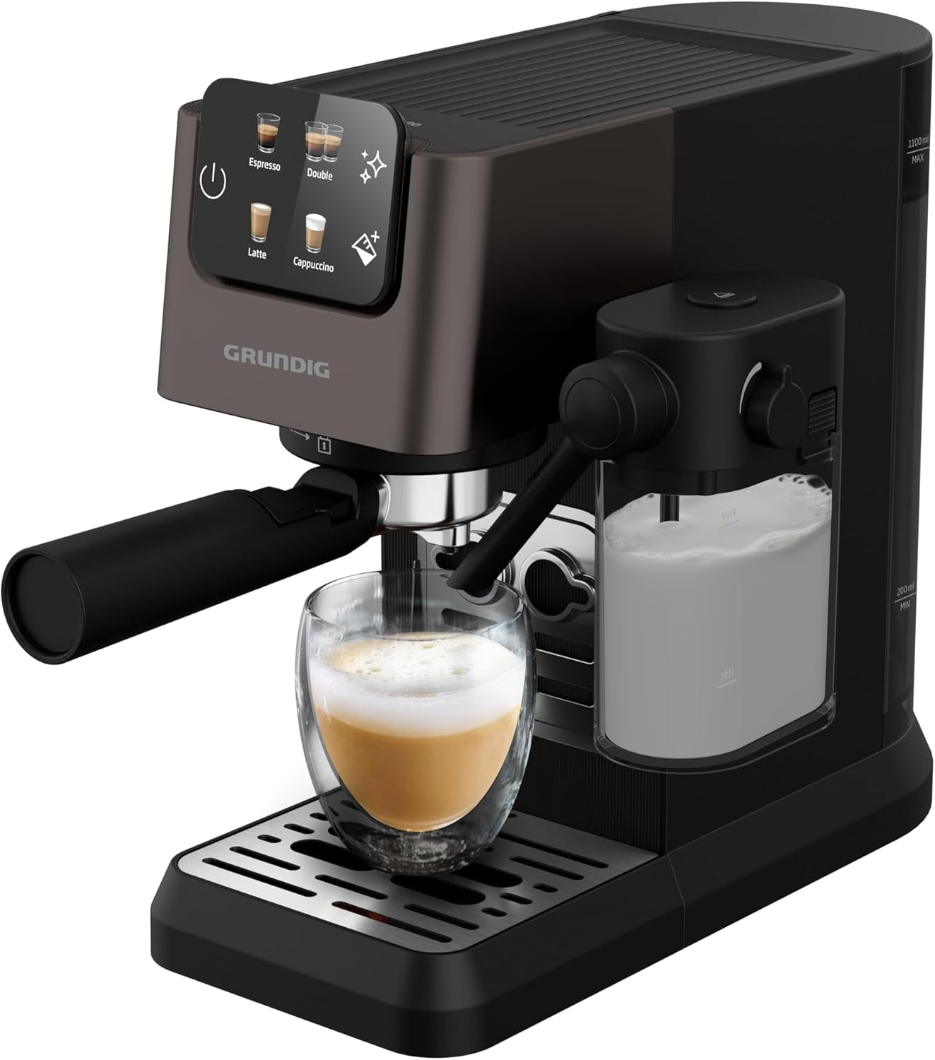 Siebträger-Espressomaschine GRUNDIG KSM 5330 mit integriertem Milchbehälter, Leistung 1628 W, Pumpendruck 15 bar, Doppeldüse, farbiges Touch-Display, BrewSense, CreamyPro, Edelstahl dunkel/Schwarz