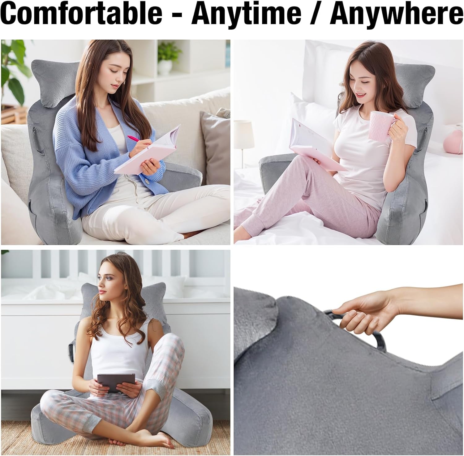 Lesekissen für Erwachsene im Bett, 90 x 80 cm (B x H), extra große Rückenlehne zum Lesen mit abnehmbarer Nackenstütze und Stützarm, bequemes Lesekissen für Bett, Sofa oder Bodenrückenlehne