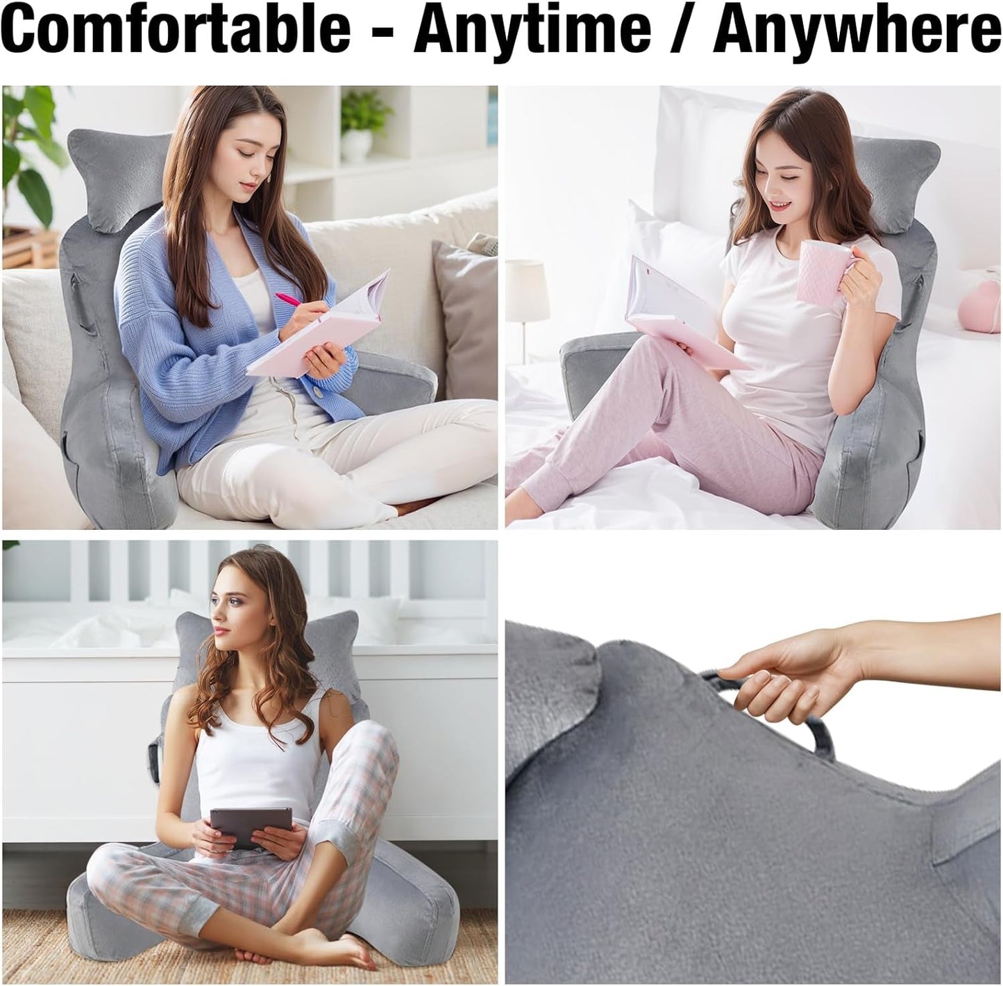 Lesekissen für Erwachsene im Bett, 90 x 80 cm (B x H), extra große Rückenlehne zum Lesen mit abnehmbarer Nackenstütze und Stützarm, bequemes Lesekissen für Bett, Sofa oder Bodenrückenlehne