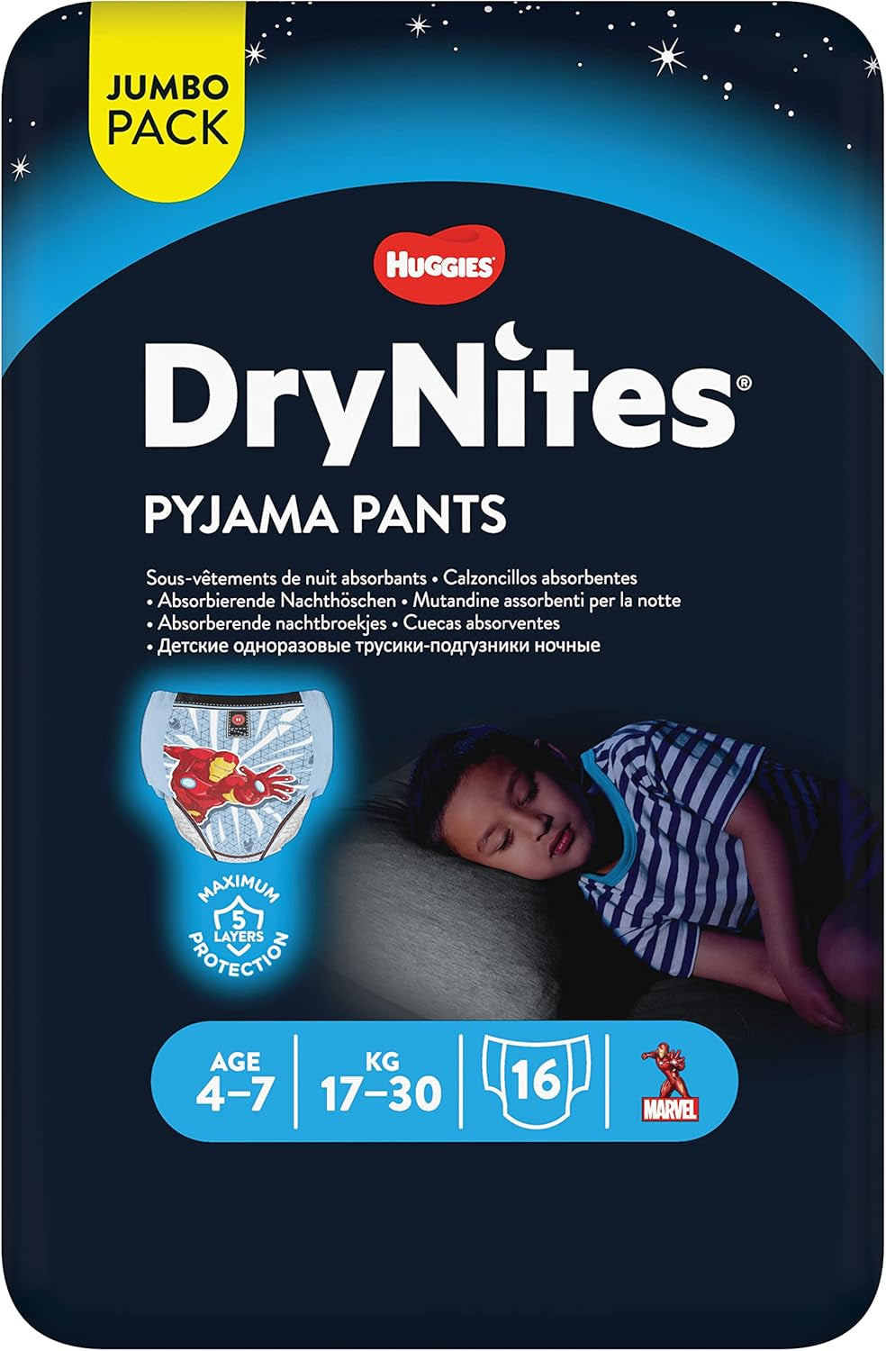 DryNites saugfähige Bettnässerwindeln für Jungen von 4–7 Jahren (17–30 kg), Jumbo-Monatspackung, 64 Stück