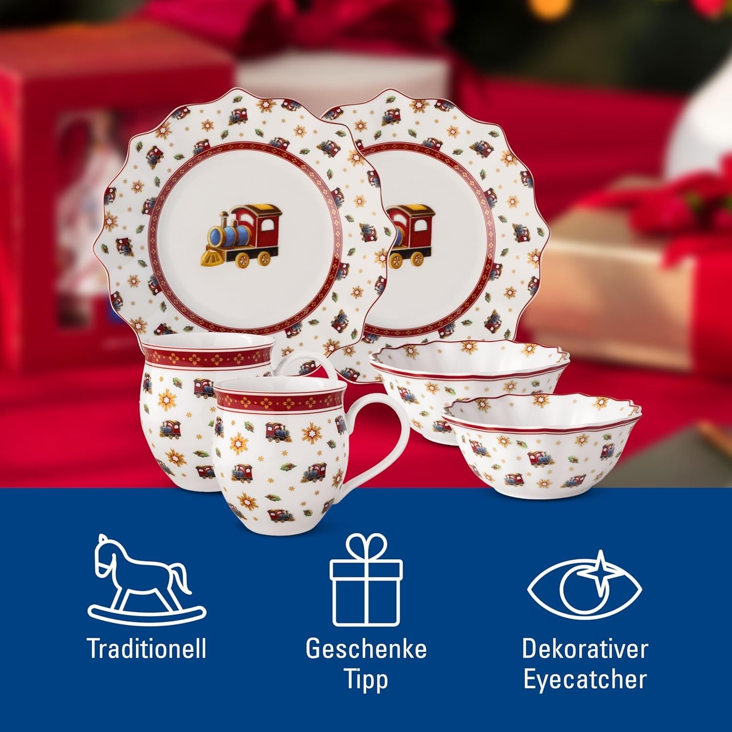 Villeroy & Boch - Toy's Delight Frühstücksset für 2, Lokomotiven-Design, 6-teilig, bunt, Weihnachten, Geschirrset mit Tellern, Tassen und Schüsseln zum Frühstück, Weihnachtsgeschirr, Premium-Porzellan