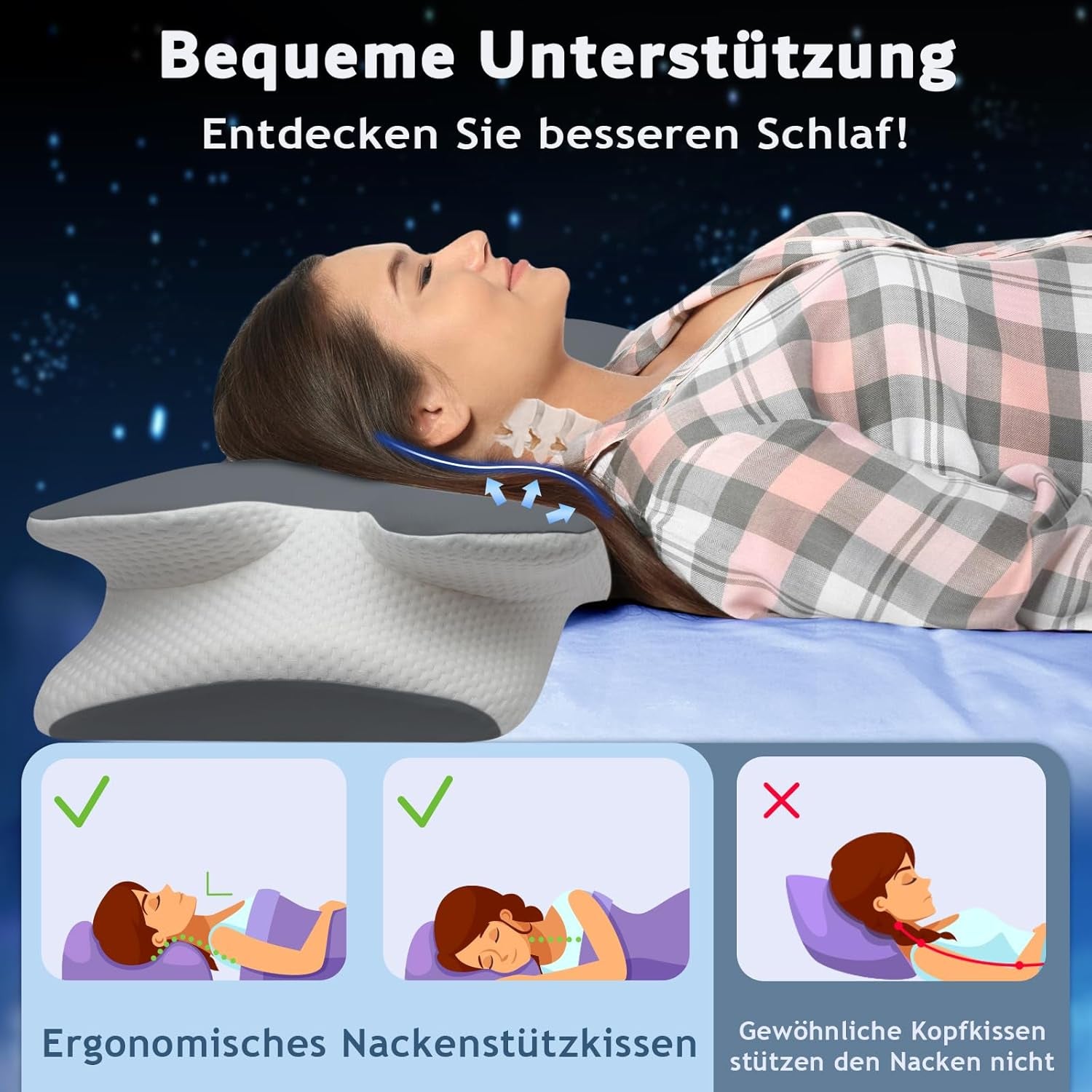 Memory-Schaum-Kissen, Nackenkissen, orthopädisches Kissen – ergonomisches Design, hohle Form für Seiten-, Rücken- und Bauchschläfer. Graue orthopädische Nackenkissen von Naty Shop