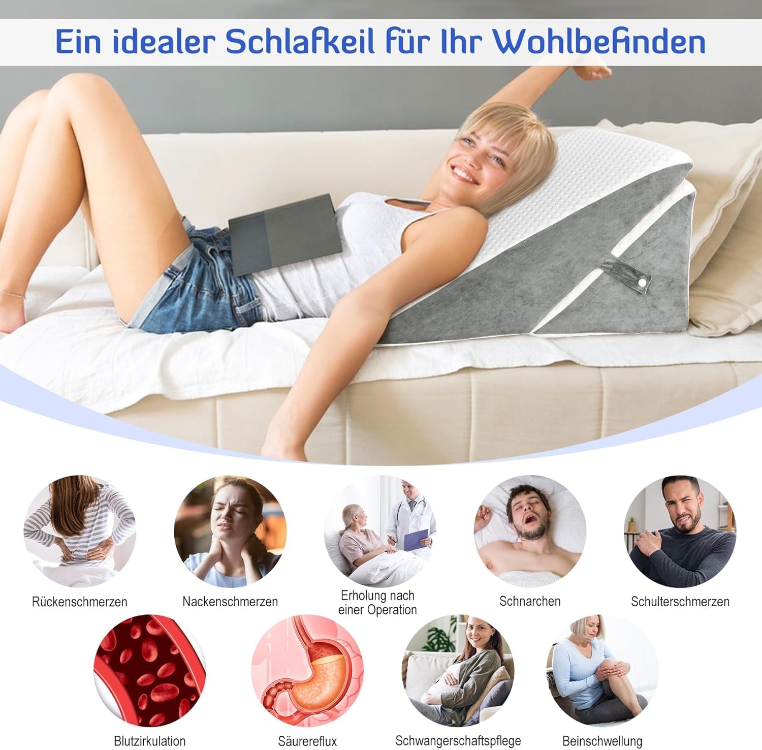 Verstellbares Keilkissen für Kinder, hochdichtes Schaumstoff-Lesekissen für Bett und Sofa, ergonomisches Bettkeil-Kopfkissen für Schlaf-Reflux-Apnoe, Beinkissen/Rückenkissen zum Spielen und Lesen (weiß und grau)