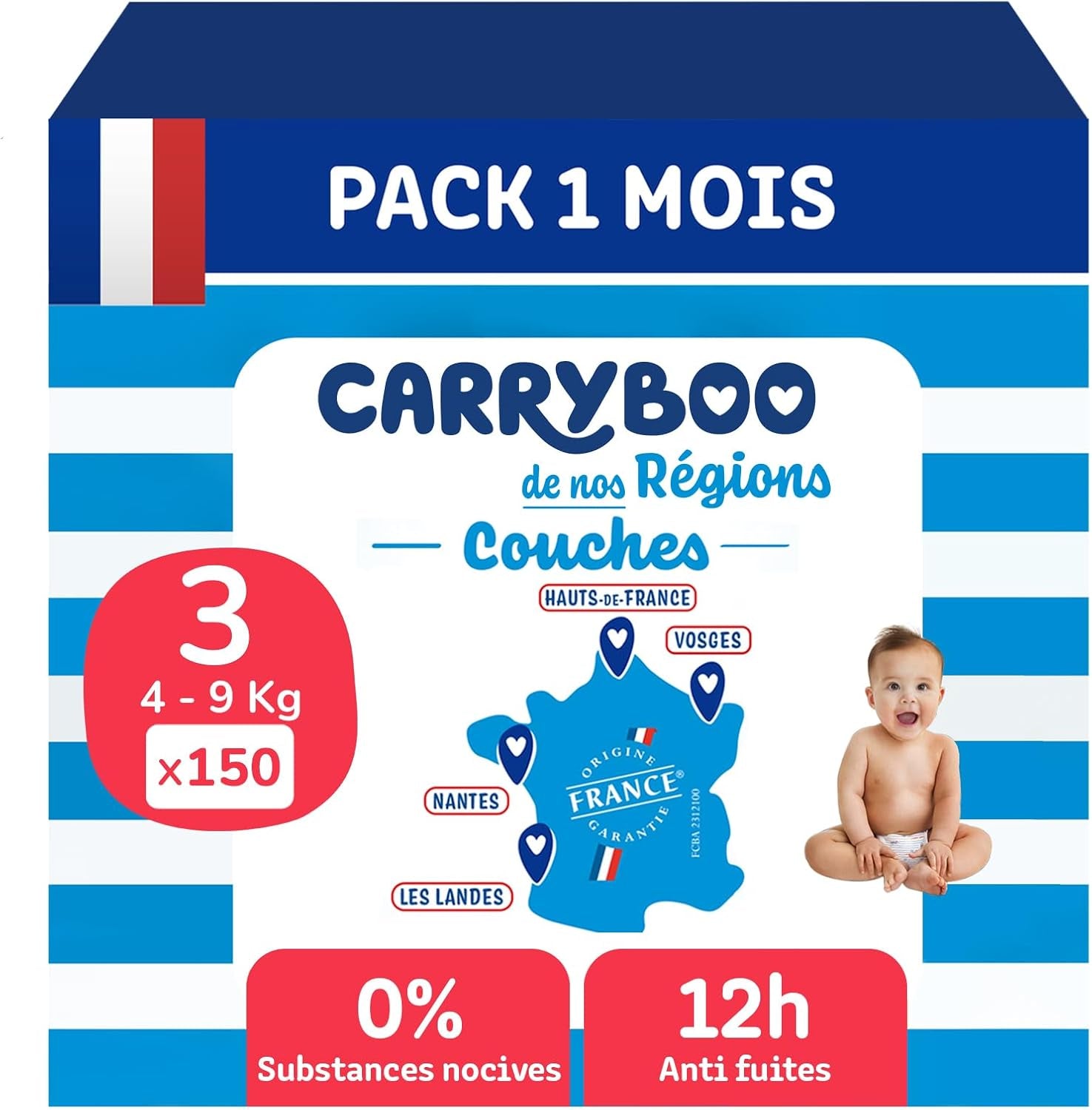 - Windeln, Größe 3 (4-9 kg) – gesund und sehr saugfähig – 12 Stunden auslaufsicher – keine unerwünschten Substanzen – hergestellt in Frankreich – erschwinglicher Preis – 150 Wegwerfwindeln