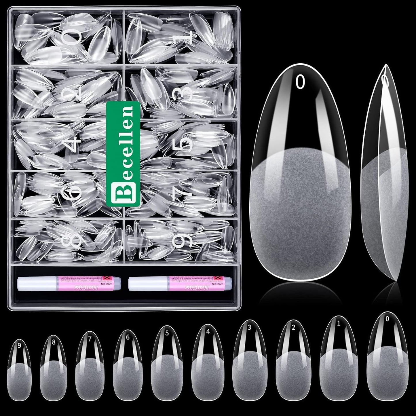 Becellen 500 Stück künstliche Nagelspitzen, weiche Gel-Nagelspitzen, vollständige Abdeckung, Gel-Nagelspitzen, vorpolierte künstliche Nägel, DIY-Nagelkunst-Kleber-Set (Mandeln)
