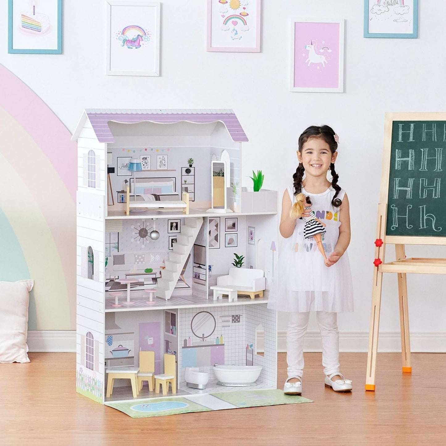 Teamson Kids Olivia's Little World Riesenpuppenhaus mit 16 Puppenzubehörteilen, Puppenhaus aus Holz mit Möbeln, 3-stöckig, 30 cm großes Puppenhaus für Kinder ab 3 Jahren