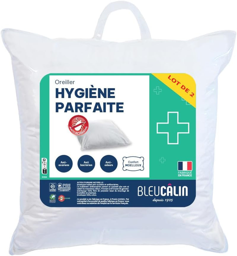 Bleu Câlin Set mit 2 rechteckigen Anti-Milben- und antibakteriellen Kissen, flauschiger Komfort, T 60 x 60 cm, 100 % Baumwolle, perfektes Hygiene-Sortiment Naty Shop Standard-Kissen