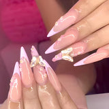 Moonglow Lange Nägel Stiletto Milchweiß Rosa Farbverlauf Glitzer Coole künstliche Nägel mit Kleber Rosa Ombre Glitzer Künstliche Nägel