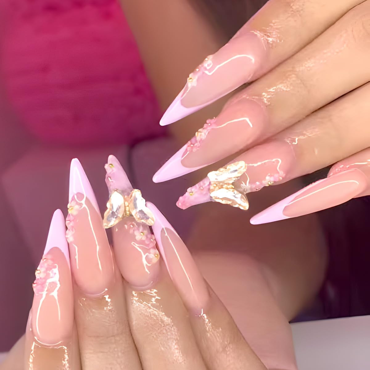Moonglow Lange Nägel Stiletto Milchweiß Rosa Farbverlauf Glitzer Coole künstliche Nägel mit Kleber Rosa Ombre Glitzer Künstliche Nägel