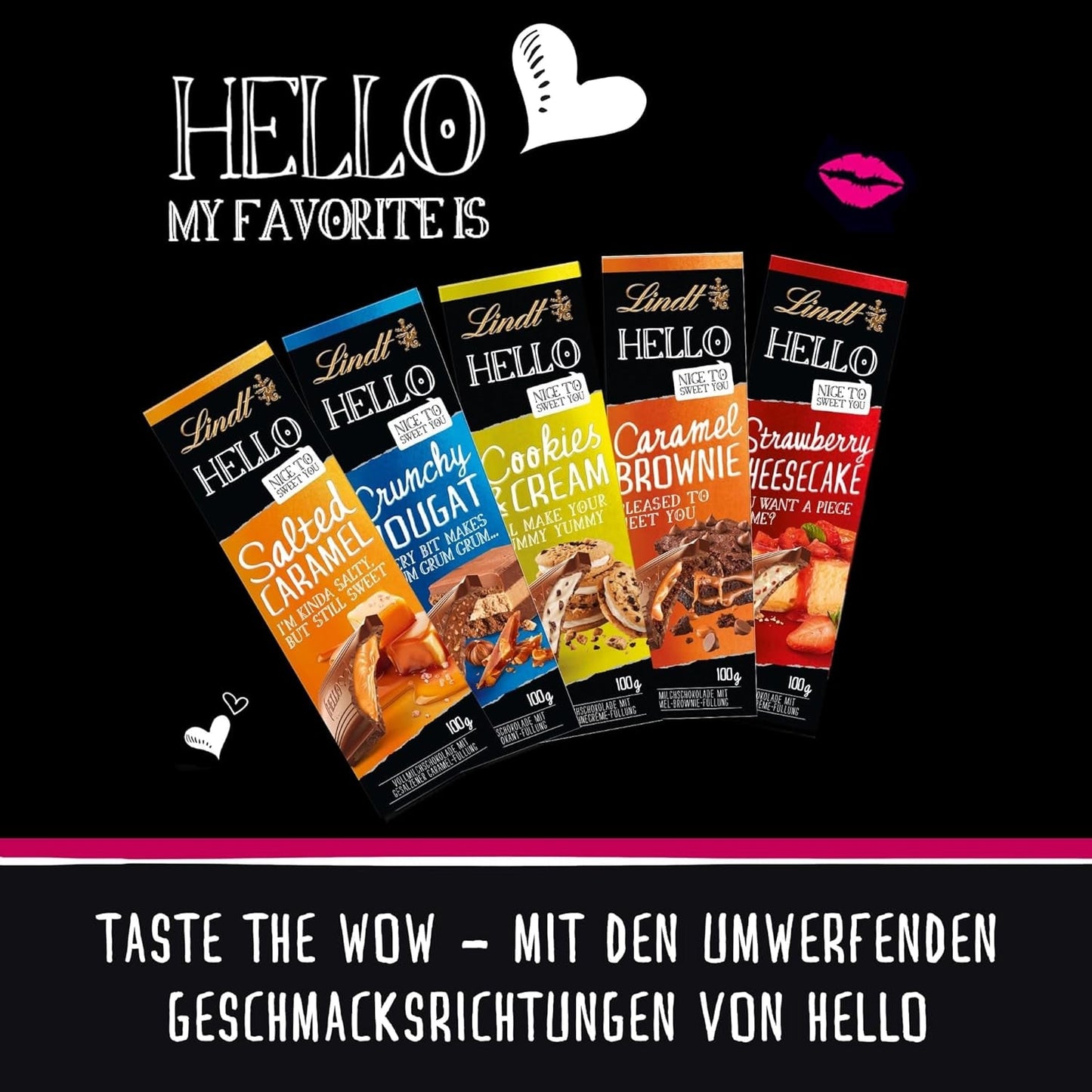 Lindt HELLO Erdbeer-Schokoladen-Käsekuchen | Riegel 100g | Milchschokolade mit Erdbeer-Quark-Creme-Füllung | Schokoriegel | Schokoladengeschenk (5er-Pack)