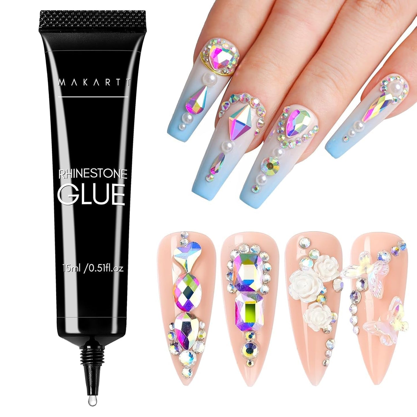 Makartt Strass-Klebegel – 15 ml UV-Nagelkleber-Set mit rosa Nagel-Charms, Herz-Kreis-Nagelschmuck und Nageldesign-Zubehör für Heim-Maniküre, Valentinstagsgeschenk