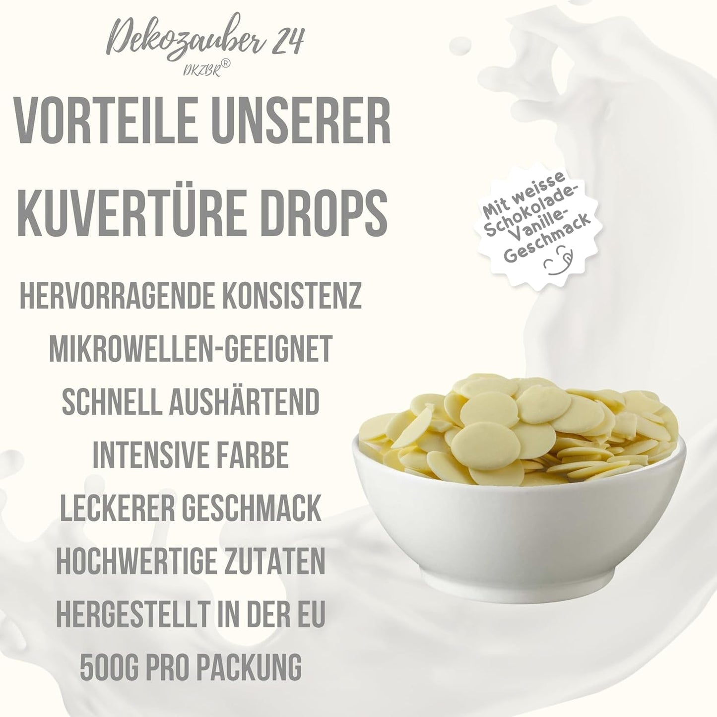Dekozauber24 Kuvertüretropfen, weiß, 500g, mit weißem Schokoladen- und Vanillegeschmack, Deco Melts Chips, mikrowellengeeignet, für Cake Pops, Kuchen, Torten, Torten, zum Beträufeln oder Zuckerguss von Naty Shop Zuckerpaste