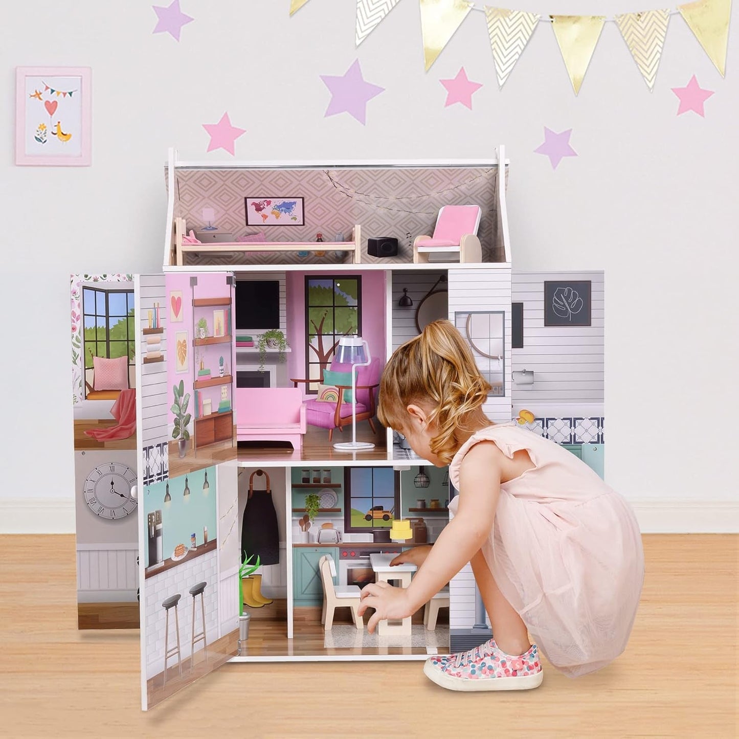 Olivia's Little World Dreamland 3-stöckiges interaktives Puppenhaus aus Holz mit 13 Puppenmöbelzubehör, weiß TD-13632A