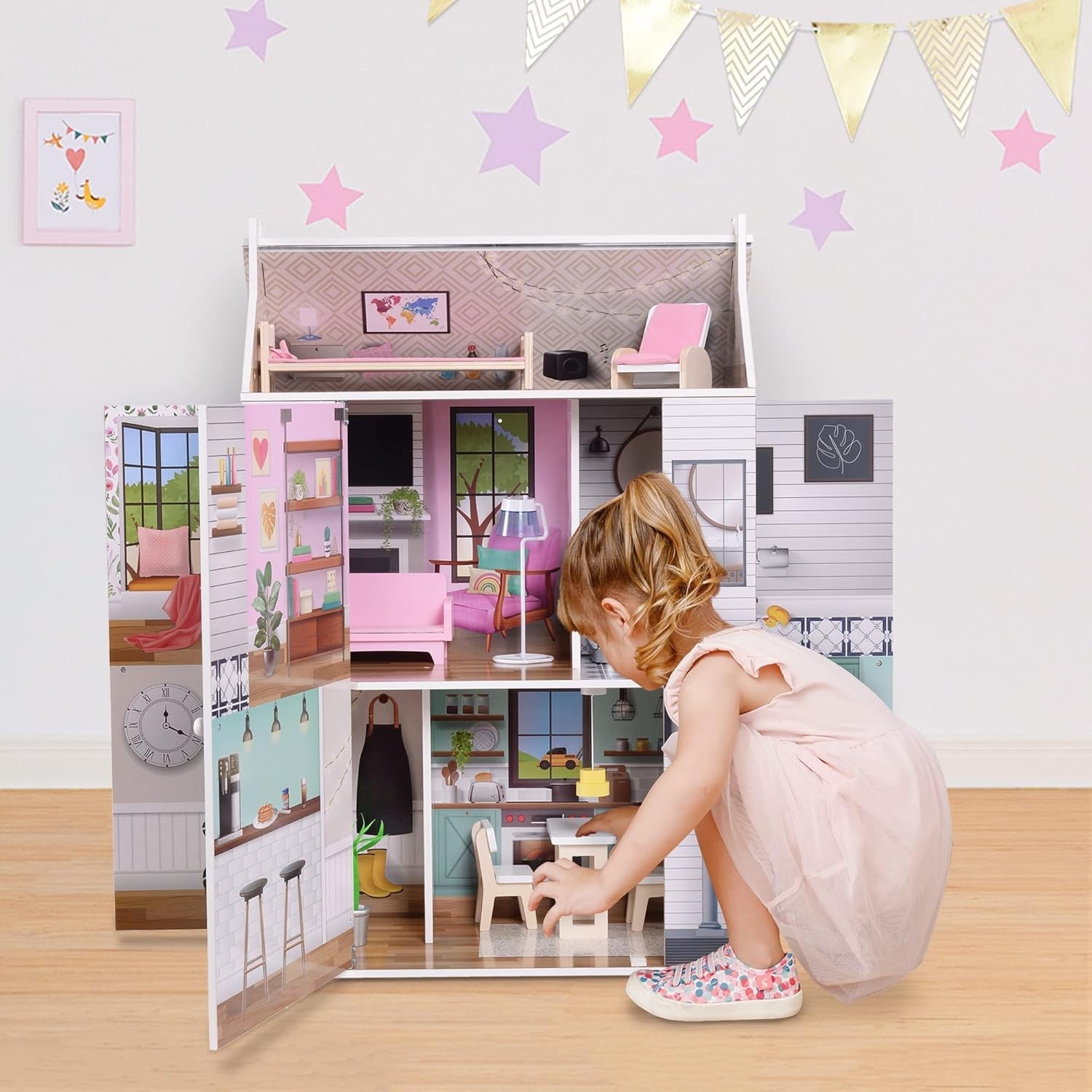 Olivia's Little World Dreamland 3-stöckiges interaktives Puppenhaus aus Holz mit 13 Puppenmöbelzubehör, weiß TD-13632A
