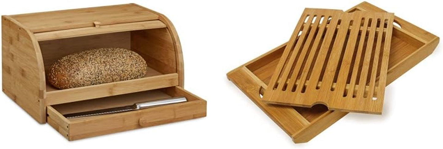 Relaxdays Rollbarer Brotkorb mit Schublade, Bambus, HxBxT: 21 x 40,5 x 28 cm, Holz, Natur & Bambus-Schneidebrett ca. 3 x 37 x 21,5 cm großes Schneidebrett mit Krümelschale für einfache Reinigung, natürliche Lebensmittel-Aufbewahrungsboxen, Naty Shop Brotschneidebrett, Paket 3 x 37 x 21,5 cm