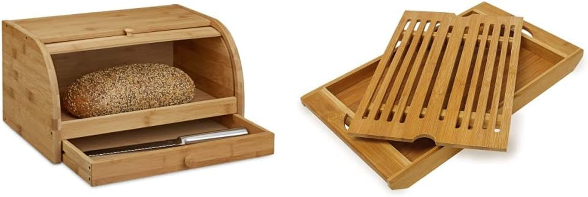 Relaxdays Rollbarer Brotkorb mit Schublade, Bambus, HxBxT: 21 x 40,5 x 28 cm, Holz, Natur & Bambus-Schneidebrett ca. 3 x 37 x 21,5 cm großes Schneidebrett mit Krümelschale für einfache Reinigung, natürliche Lebensmittel-Aufbewahrungsboxen, Naty Shop Brotschneidebrett, Paket 3 x 37 x 21,5 cm