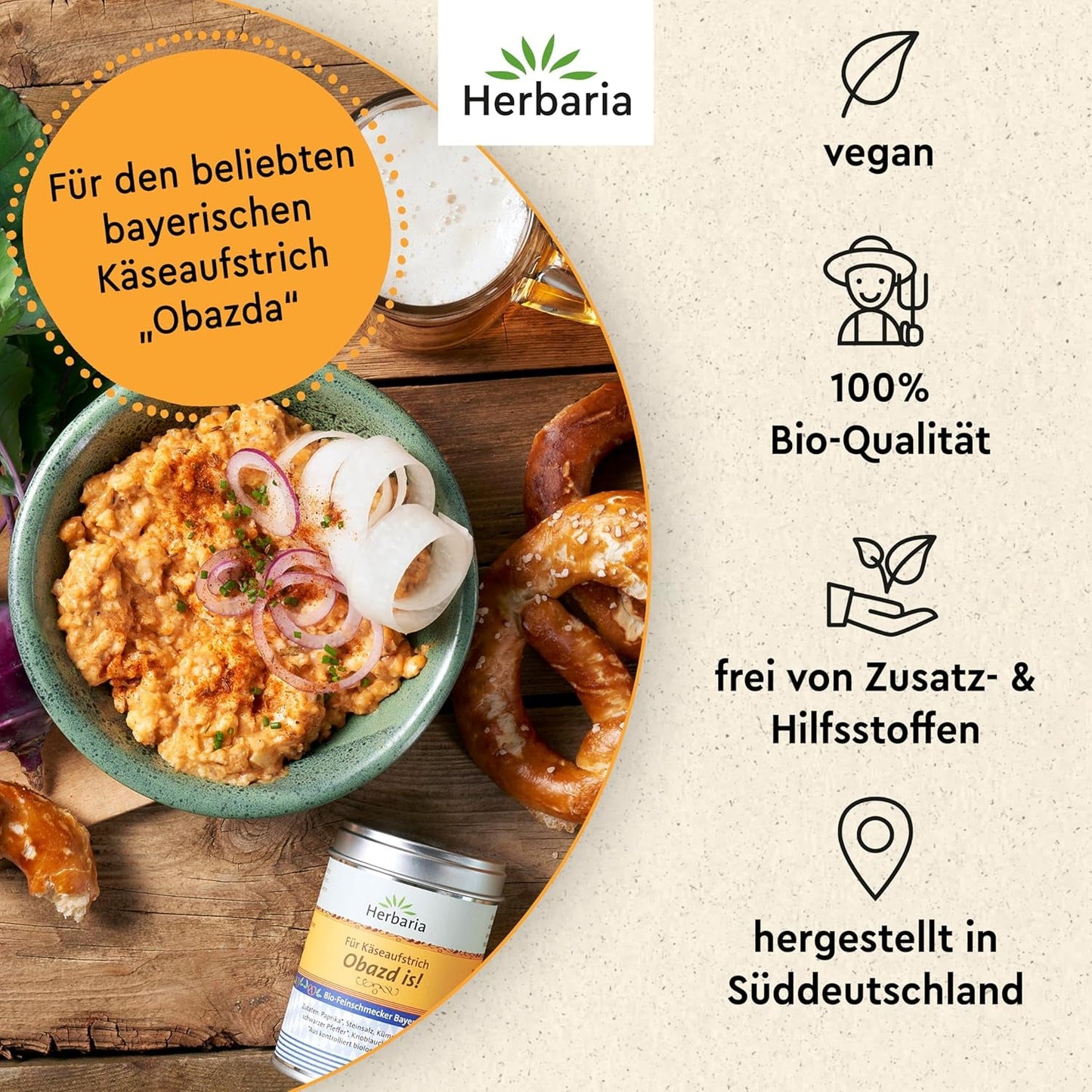 Herbaria Obazd ist! bio 90g M-Dose – Bio-Gewürzmischung bayerischen Biergartenklassiker Obazda – für Brotaufstriche, Käsegerichte, Käsefondue – Raclette Gewürze – in nachhaltiger Aromaschutz-Dose