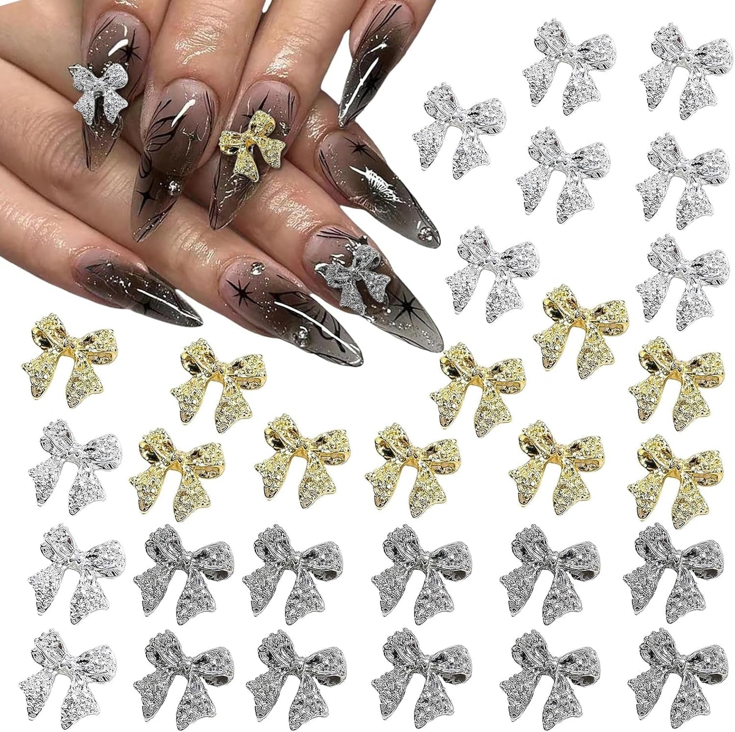 30 Stück Metall-Nagelschleifen, gold-silbergraue Schleifen, Nagelzubehör, Nageldekorationen für Frauen und Mädchen, Nagelkunst-Design