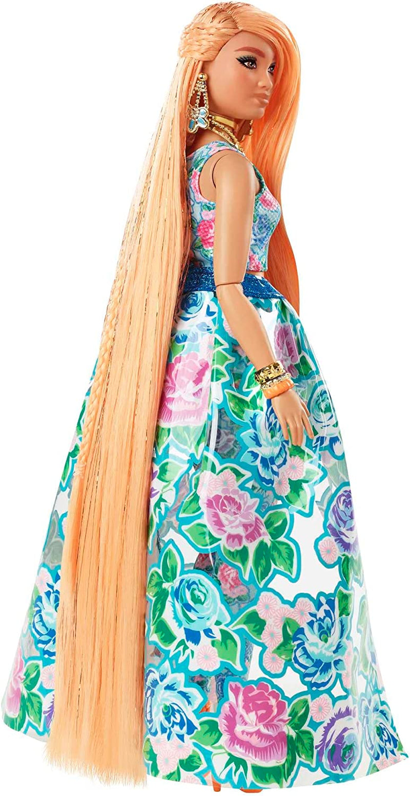 Barbie Extra Fancy, kurviges langes erdbeerblondes Haar, zweiteiliger Anzug, blaue Katze, rosa Tasche, Ananas-Sonnenbrille inklusive Puppe, geeignet als Geschenk, Hhn14 Naty Shop-Puppen