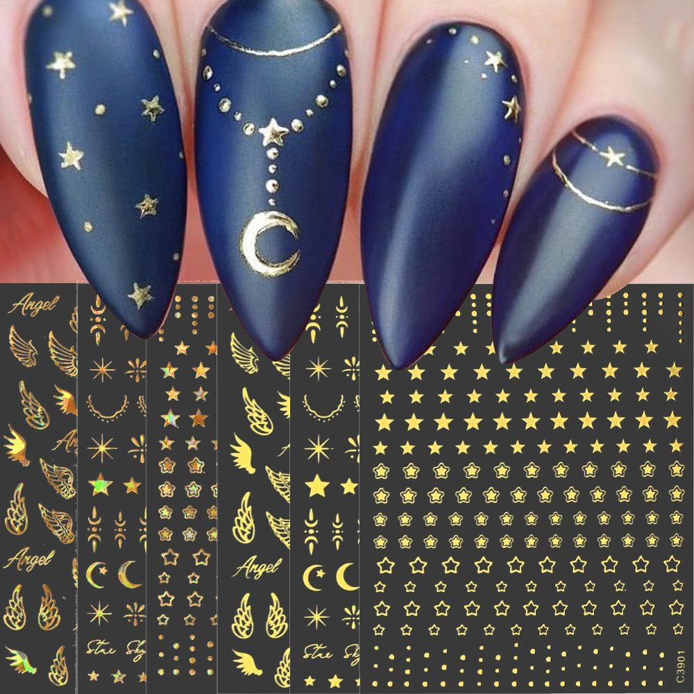 Goldene Stern- und Mond-Nagelaufkleberbögen, Engelsflügel, hellbraune goldene Nagelaufkleber, Sterne, Nagelfolie, Nagelaufkleber, Nageldesign-Zubehör, Nagelaufkleber