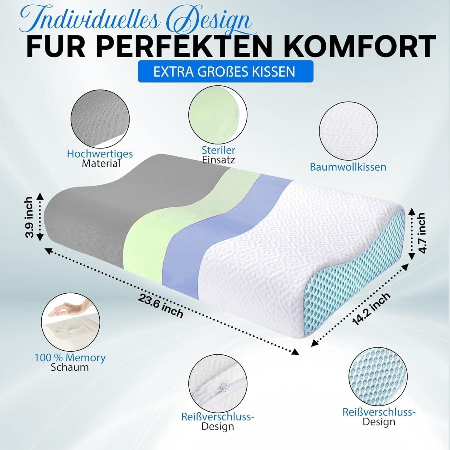 Orthopädisches Memory-Schaum-Nackenstützkissen – ergonomisches Kissen, Anti-Schnarch-Kissen für Seiten-, Bauch- und Rückenschläfer, Pilow, 60 cm x 40 cm x 12 cm. Orthopädische Nackenkissen Naty Shop