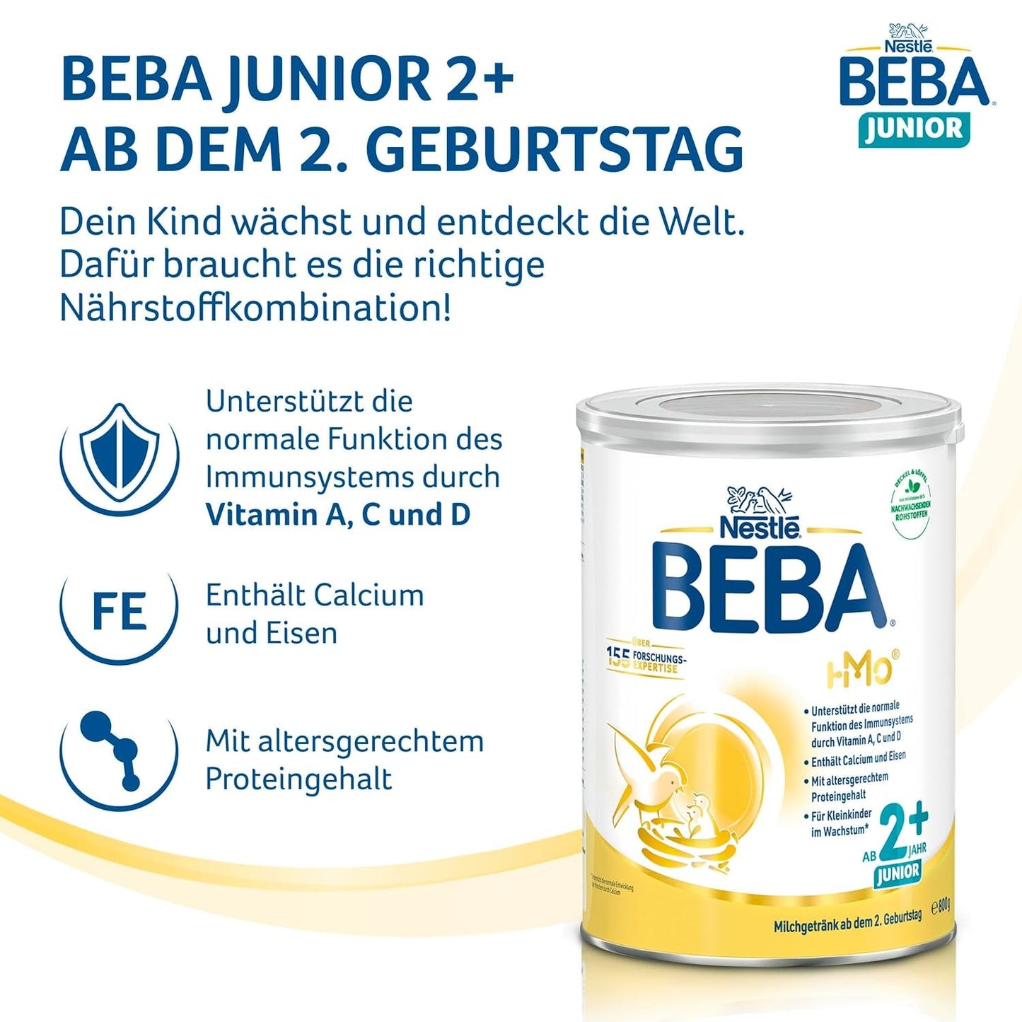 BEBA Junior 2+ Milchgetränk ab 2 Jahren, Mit HMO, Altersgerechter Proteingehalt, Nur Laktose, Ohne Palmöl, Ohne Fischöl, Kleinkindnahrung, Babymilchpulver, 6er Pack (6 x 800g)