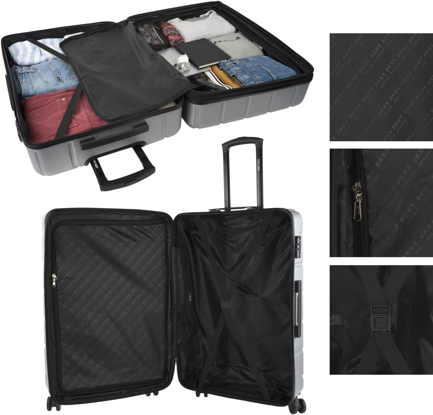 DKNY – Großer 4-Rad-Koffer Großer leichter Koffer – Großer Reisekoffer mit Rollen. Großer Flugzeug-Reisekoffer Hartschalenkoffer mit zertifiziertem Verschluss – Großer Trolley-Koffer Silber Gepäck und Reiseausrüstung Naty Shop