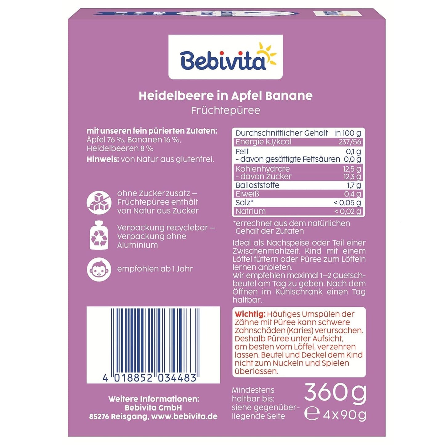 Blaubeer-, Apfel- und Bananen-Quetschbeutel – 16 (4 Packungen à 4 x 90 g), ohne Zuckerzusatz, glutenfrei, ideal zum Mitnehmen und als Snack für unterwegs