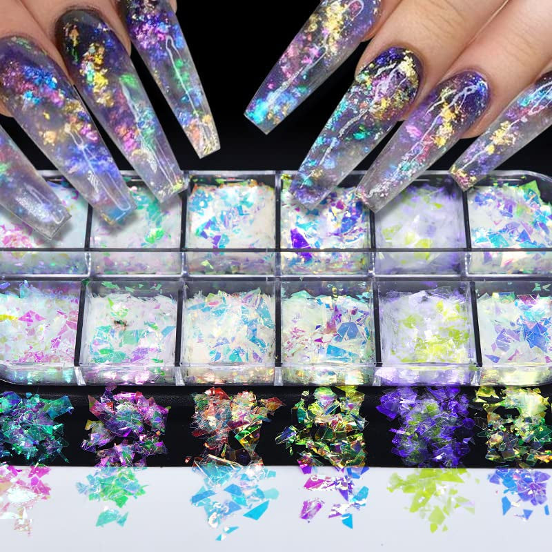JMEOWIO Nagelglitzer, 12 Gitter, Meerjungfrau, Nagelkunst, Dekoration, Zubehör, Nageldesign