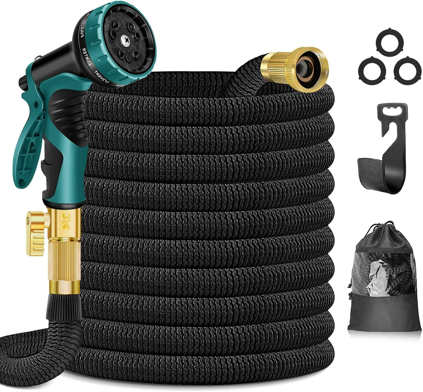 Gartenschlauch, 30 m, 10-Wege-Gartenschlauch, Spritzpistole und massive Messingbeschläge, flexibler Schlauch, ausziehbarer Gartenschlauch, schwarz, 30 m