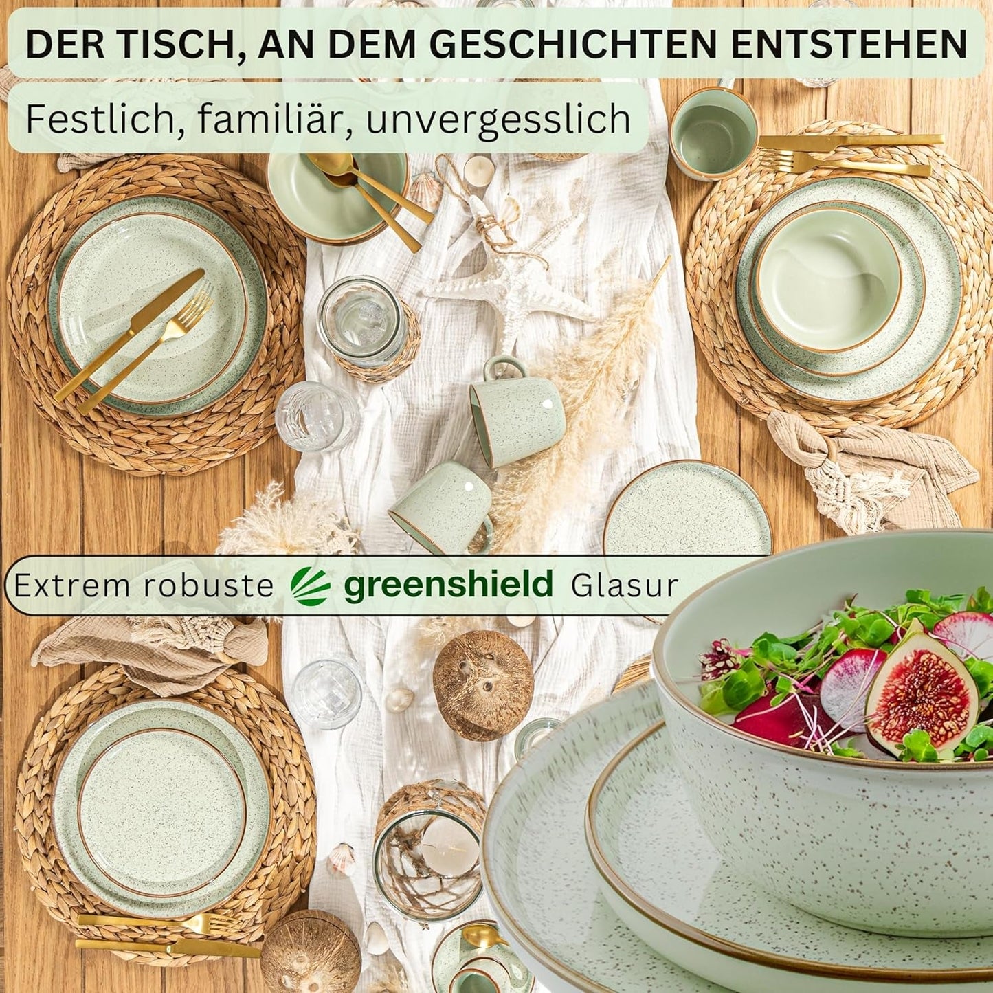 SÄNGER Rio Mint | Steinzeug-Geschirrset für 6 Personen, 6 Teller, 6 Dessertteller, 6 Schüsseln, Mintgrün | DIE VALUE-KOLLEKTION
