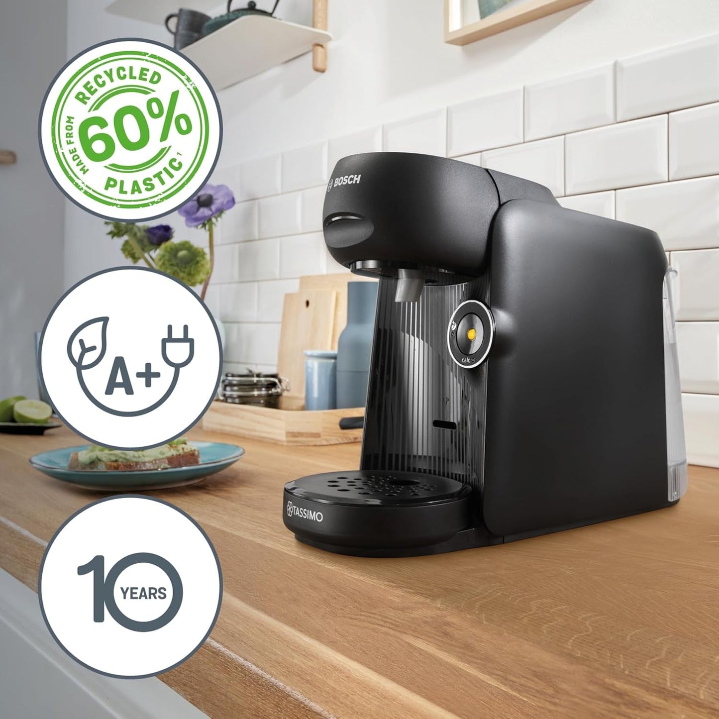 Bosch Tassimo finesse TAS162E Kapsel-Espressomaschine, 70 Getränke, intensiverer Kaffee auf Knopfdruck, automatische Abschaltung, nachhaltig, perfekte Dosierung, 1400 W, schwarz/schwarz