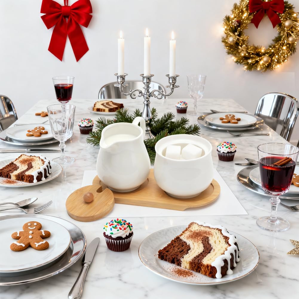 Milch- und Zuckerset mit Deckel und Löffel, 5-teiliges Keramik-Milchkännchen und Zuckerbehälter mit Holztablett, Milch- und Zuckerbehälter für Küche, Kaffee, Mikrowelle und Geschirrspüler (weiß)