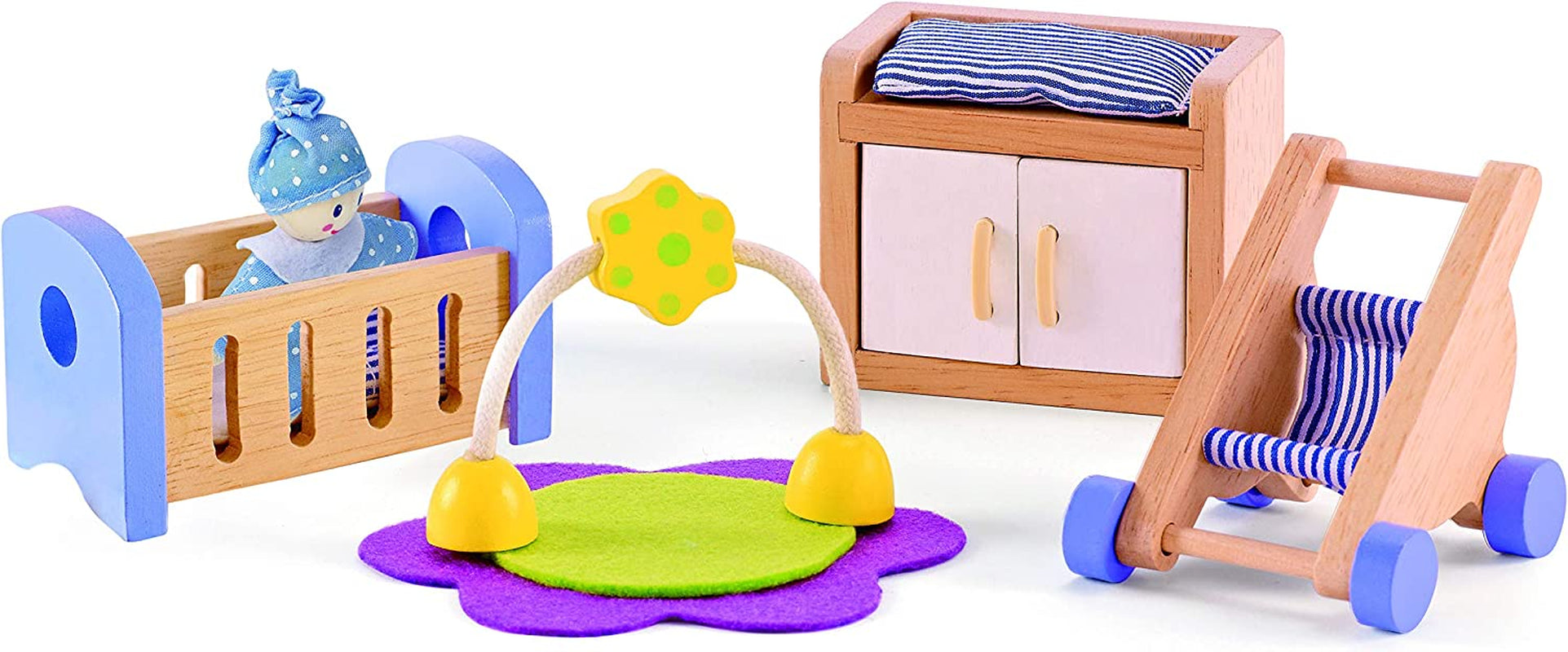 E3401 – Vier-Jahreszeiten-Haus (möbliert), Puppenhaus mit Zubehör, aus Holz und E3459 – Babyzimmer