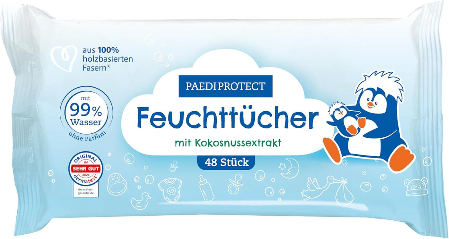 PAEDIPROTECT Baby-Feuchttücher, 1 x 10 Stück, empfindliche Baby-Wasser-Feuchttücher, 99 % Wasser, frei von Duftstoffen, für Babys und Kinder, zarte Haut, ohne Kokosnussextrakt, ohne Mikroplastik, vegan (5er-Pack)