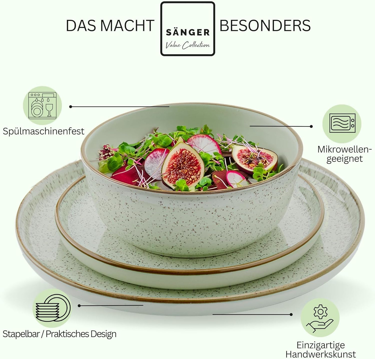 SÄNGER Rio Mint | Steinzeug-Geschirrset für 6 Personen, 6 Teller, 6 Dessertteller, 6 Schüsseln, Mintgrün | DIE VALUE-KOLLEKTION